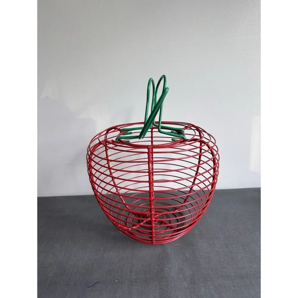Vintage 90s Red Wire Apple Shape Basket Fruit Holder with Green Leaf Accent